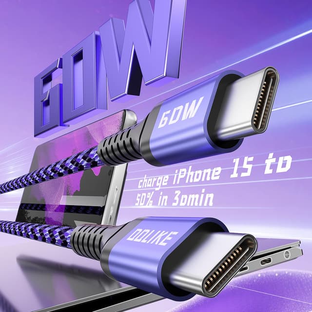 Detalle de HEPU USB-C to USB-C Cable, 5-Pack (3/3/3/6/6 ft) — Braided Fast-Charge Charger Cords