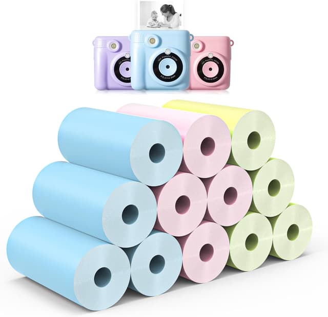 Detalle de Hikkon Nachfülldruckpapier für Kinder-Sofortbildkamera – 12 Rollen in Rosa, Blau & Gelb