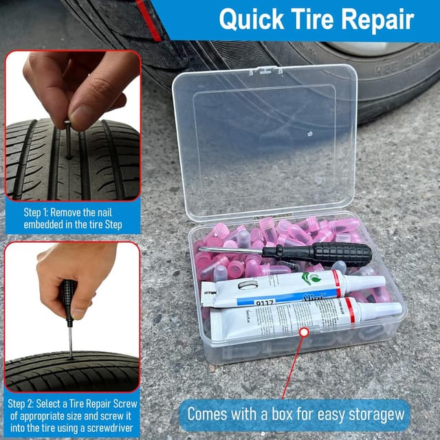 Detalle de LOGOL 60 Pc Tire Repair Rubber Nail Kit with Tire Glue and Repair Screws