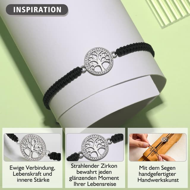 Detalle 2 de J.Endéar Damen-Armband aus Silber 925 mit handgeflochtener Glücksschnur „Baum des Lebens“