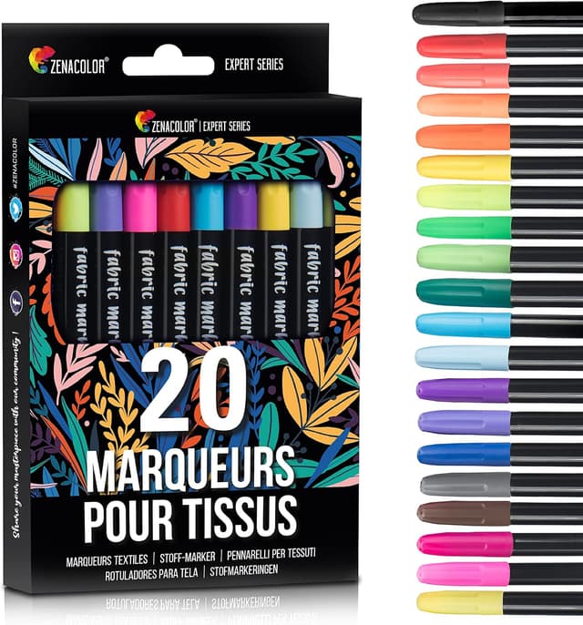 Detalle de Set de 20 marqueurs textile Zenacolor – Feutres textile non toxiques, indélébiles à pointe fine pour t-shirt et tissus