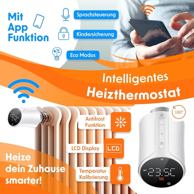 Detalle de KESSER® WLAN Heizkörperthermostat WiFi mit App, Alexa & Google Assistant – mit 6 Ventil-Adaptern