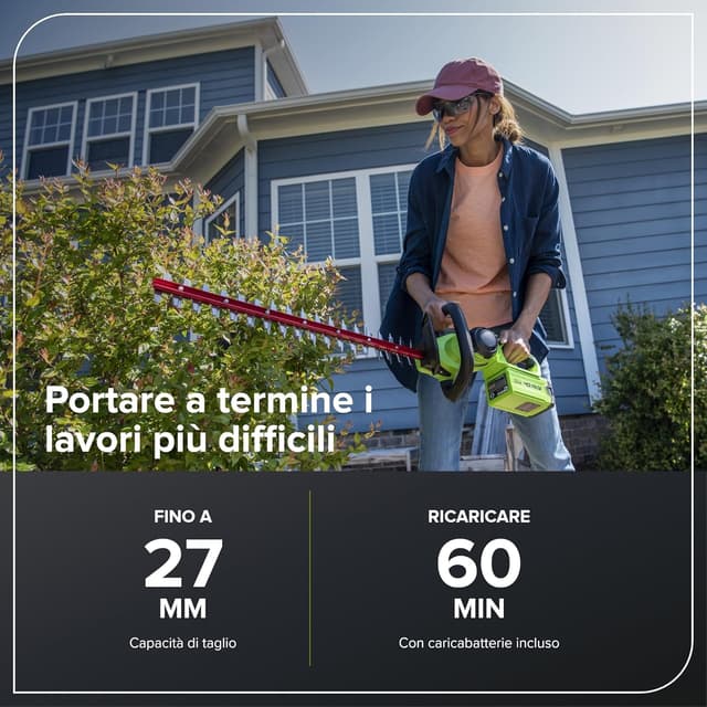 Detalle de Greenworks G40HT61K2 Tagliasiepi a batteria con lama doppia da 61 cm, taglio fino a 27 mm