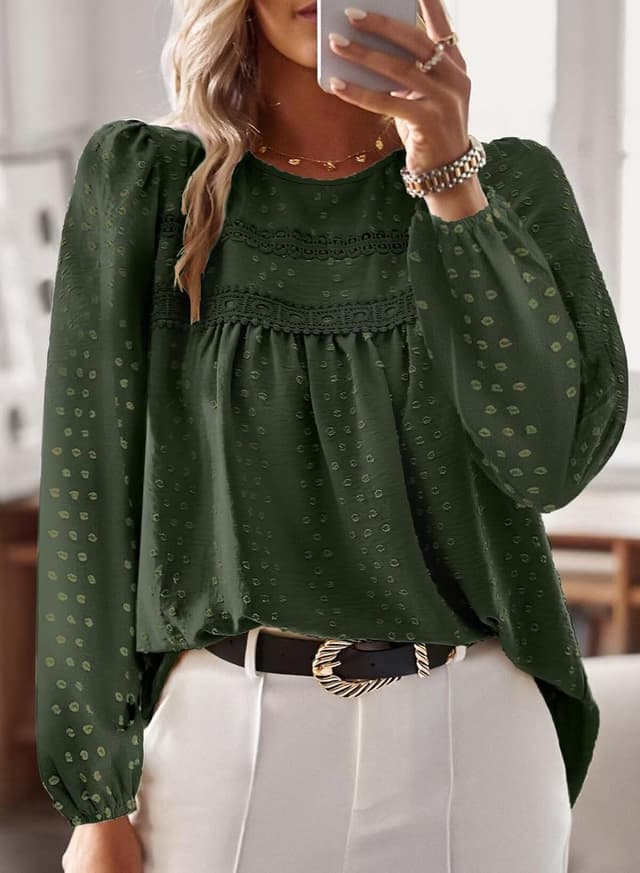 Detalle 2 de TUUHAW Langarmshirt Damen mit Rundhals und Häkelapplikation – Boho-Tunika für Frühling, Herbst und Winter