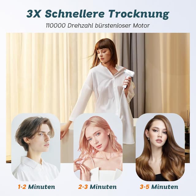 Detalle 2 de Mini Reisefön mit Diffusor 1500W – 110.000 U/min Hochgeschwindigkeitsmotor, 290 g ultra leicht