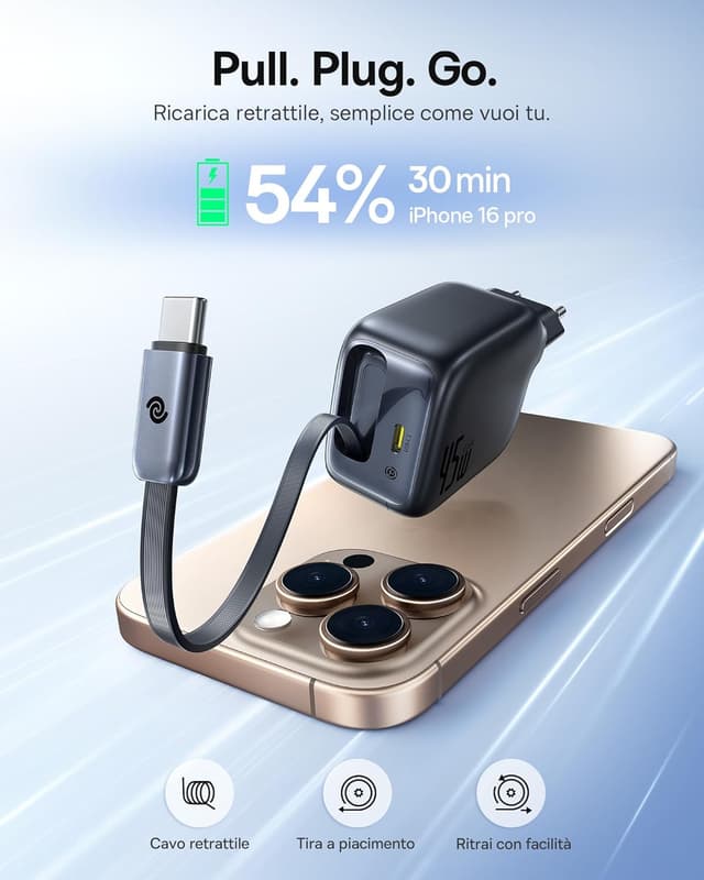 Detalle 2 de Baseus Enercore 45 W caricatore USB‑C con cavo retrattile