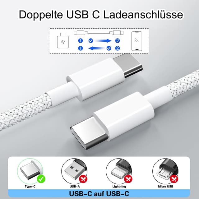 Detalle de USB‑C Kabel 3 m: Xiaomi Schnellladekabel USB‑C auf USB‑C (PD/QC/PPS, bis 60 W)