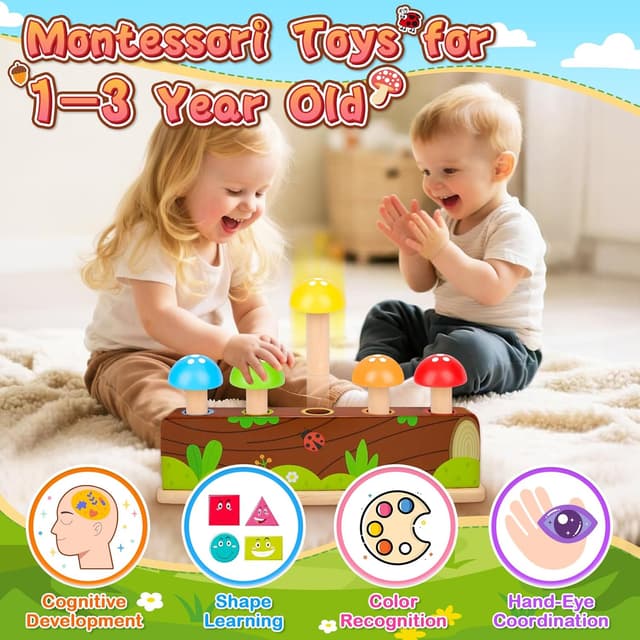Detalle 2 de Pop Up Toys Montessori Wooden Mushroom Colour Sorting Toy for 12–18+ Months