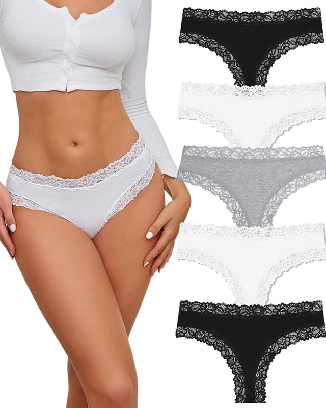 Detalle de ALL OF SHE Damen Brazilian Slip aus Baumwolle mit Spitze – 5er Pack