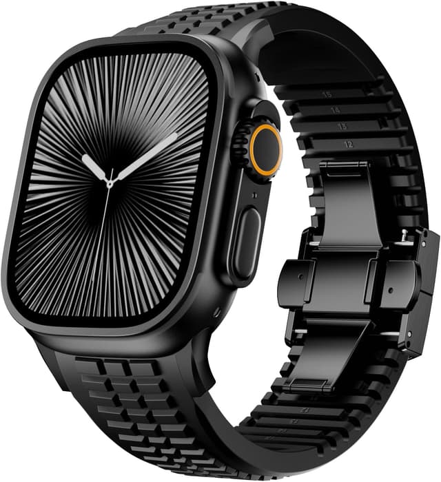 Detalle de VKEOO modern silicone watch band for iWatch Ultra 2 / Ultra & Series 10–7 (44mm–49mm) with folding buckle