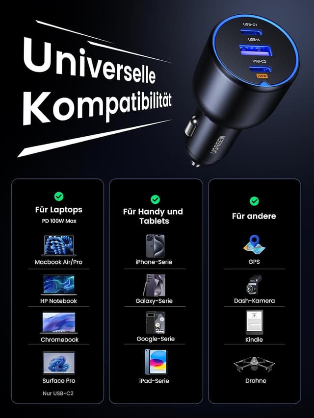 Thumbnail 5 de UGREEN 130W USB C Autoladegerät 3‑Port