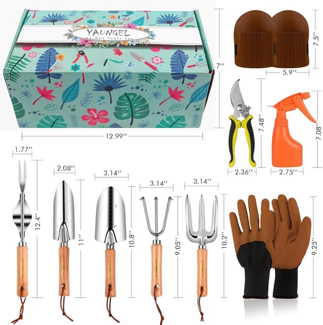 Thumbnail 6 de YAUNGEL Set di attrezzi da giardinaggio da 10 pezzi in acciaio inox con manici in legno antiscivolo (rosa)