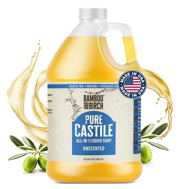 Detalle de Bamboo and Birch Pure Castile Soap Liquid (Unscented, 64 oz) — natural palm oil-free liquid soap