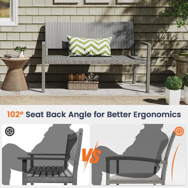 Detalle de UDPATIO Gartenbank wetterfest aus Polyrattan mit Rückenlehne & Armlehnen – Rattan-Sitzbank Outdoor bis 320 kg, Grau