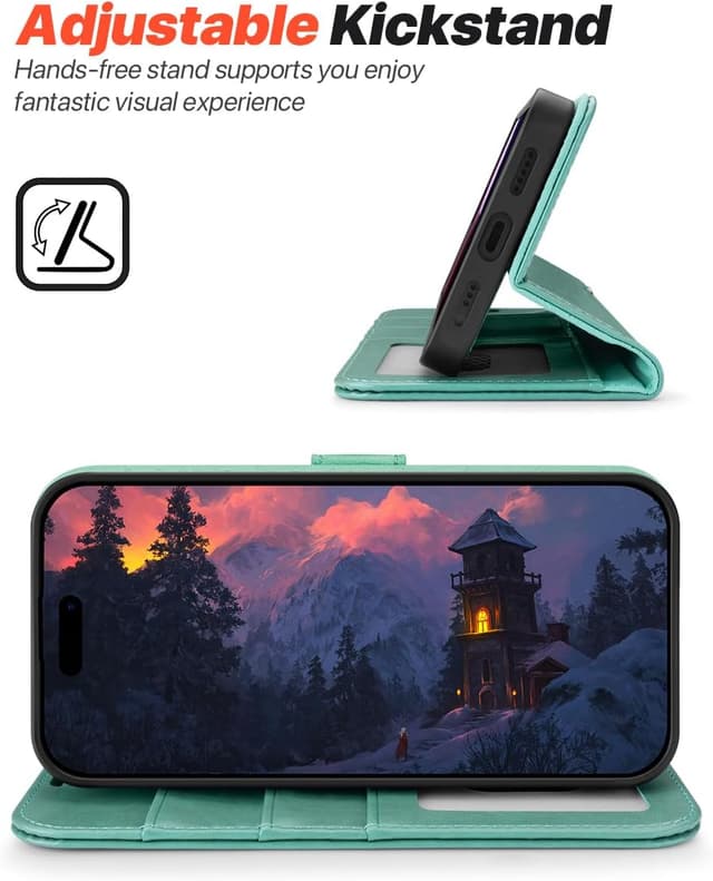 Detalle 2 de OCASE iPhone 16 Pro Hülle (2in1) aus Leder – stoßfest, abnehmbare Magnet-Fliphülle mit Kartenfach, RFID & Standfunktion (grün)