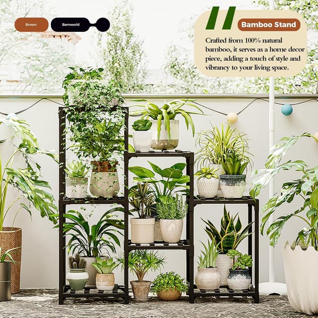 Detalle de Bamworld Indoor/Outdoor Bamboo Plant Stand Ladder Table for 7+ Pots