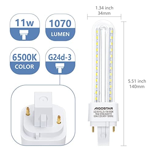 Detalle 2 de Aigostar Pack de 5 Bombillas LED PLC 2U G24d-3 (11W) 6500K, 2 pines, luz fría y no regulable