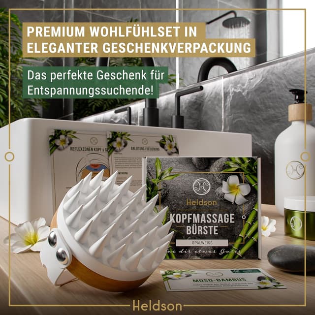 Detalle de HELDSON Premium Kopfhaut-Massagebürste (FSC® 100%) – Kopfmassage und Scalp Scrub für die Haarpflege, Opalweiß