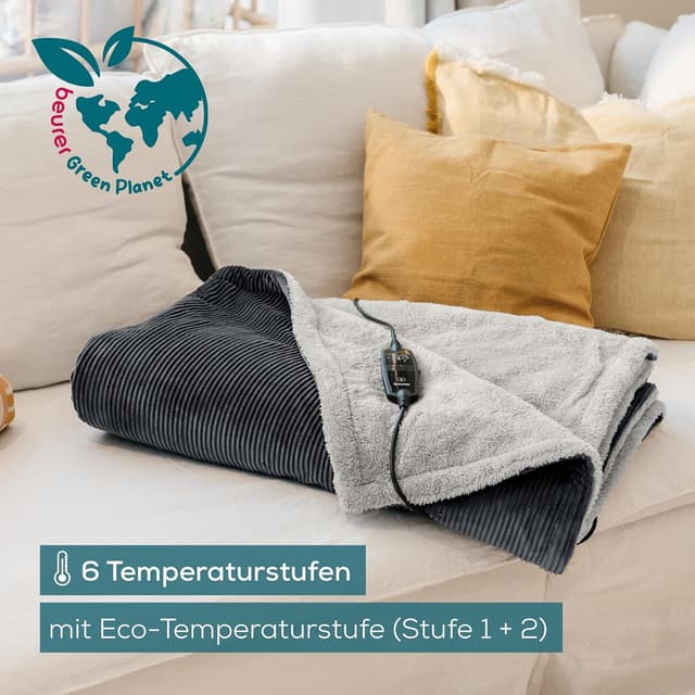 Detalle de Beurer HD 80 Cord grau Heizdecke mit 6 Temperaturstufen, Abschaltautomatik & recycelten Materialien (180 x 130 cm)