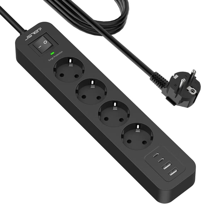 Detalle de JSVER ciabatta elettrica con 4 porte USB (2 USB-A + 2 USB-C), 4 m e adattatore: 3680 W/16 A, nero
