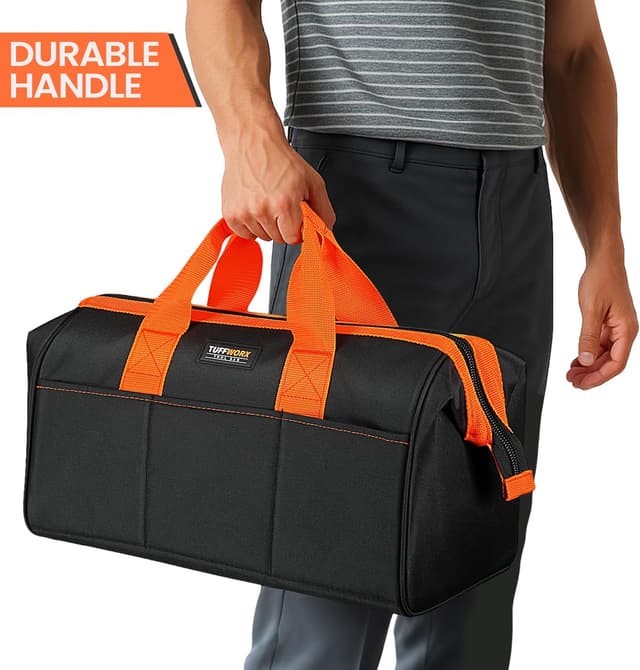 Detalle de TUFFWORX Wide Open Mouth Tool Bag (17 inch) – multi-pocket organiser with handle, black and orange
