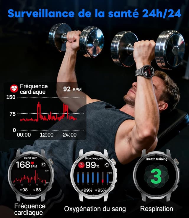 Detalle 2 de FEELNEVER Montre connectée homme EF19-E noire et orange : écran HD 1,85" + lampe LED + cardio et sommeil