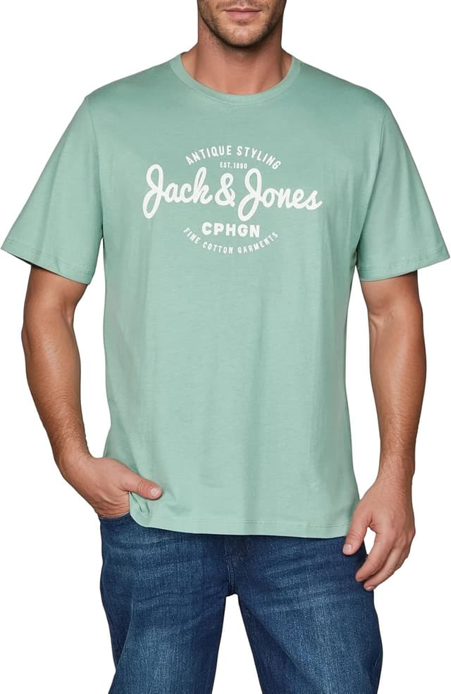 Detalle 2 de JACK & JONES Regular-Fit Herren-T-Shirts JJLINO im 4er-Set (Rundhals, Kurzarm) – Schwarz/Weiß/Grün/Rot/Blau/Grau