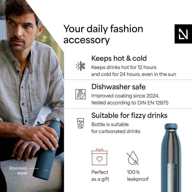 Detalle de LARS NYSØM Stainless Steel Insulated Water Bottle 500ml (Calypso Blue) – leakproof thermo flask for hot & cold drinks