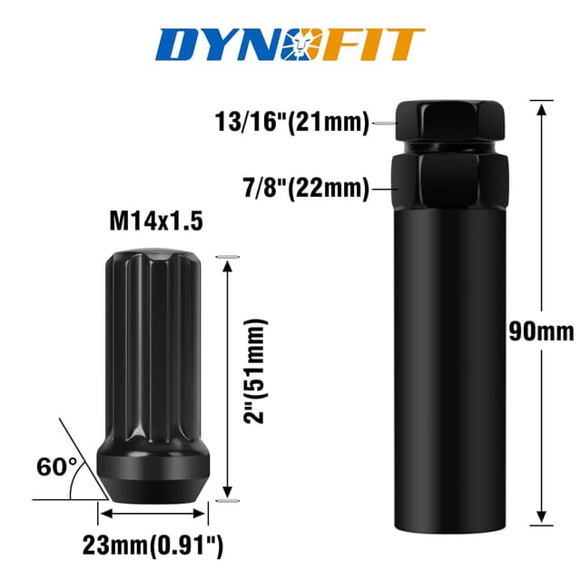 Detalle de DYNOFIT 14mm x 1.5 Extended Wheel Lug Nuts (32-pack) with Conical 60° Seat
