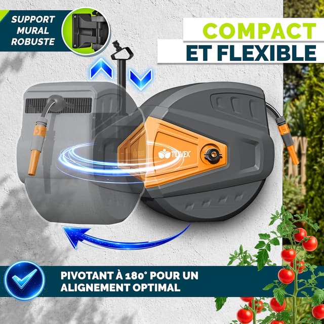 Detalle 2 de Tillvex enrouleur de tuyau mural 20+2 m avec pistolet 9 jets, pivotant à 180° (anthracite/orange)
