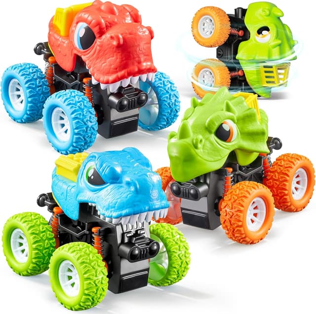 Detalle de lalalark Dinosaurier-Spielzeug: 3er-Set Monstertrucks mit Reibungsantrieb (Push-and-Go), für Jungen 3–4 Jahre