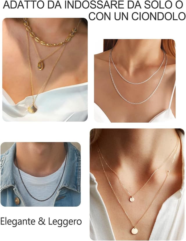 Detalle de Silvora Catenina in acciaio 316L 2 mm argento/nero/oro/oro rosa, lunghezze 35–75 cm