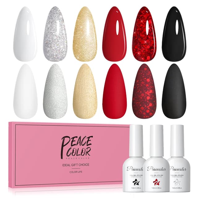 Detalle de PEACECOLOR UV-Gel Nagellack Set mit 6 Farben (10 ml) – Weiß, Rot, Schwarz, Silber/Gold Flash