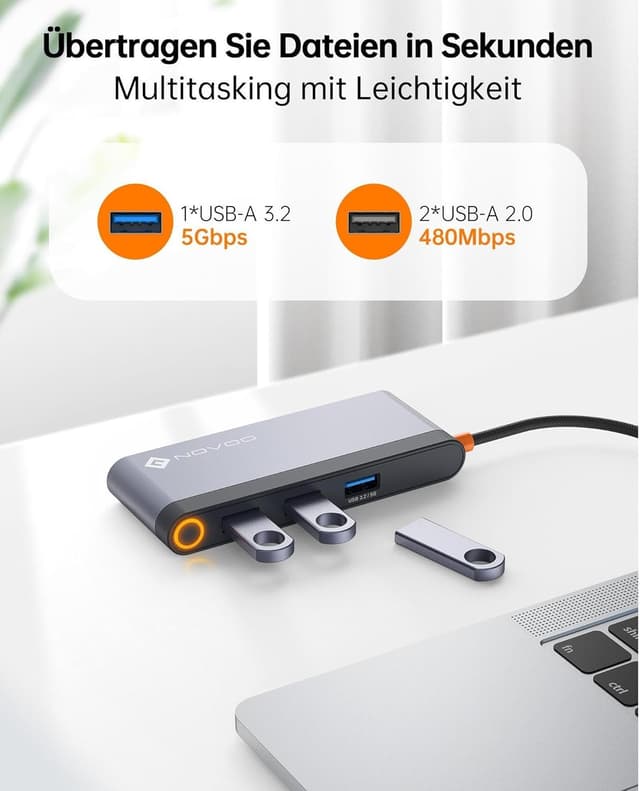 Detalle de NOVOO USB-C-Dockingstation mit Dual HDMI (bis 4K@60Hz), USB-A Hub, PD 100W und 2x HDMI