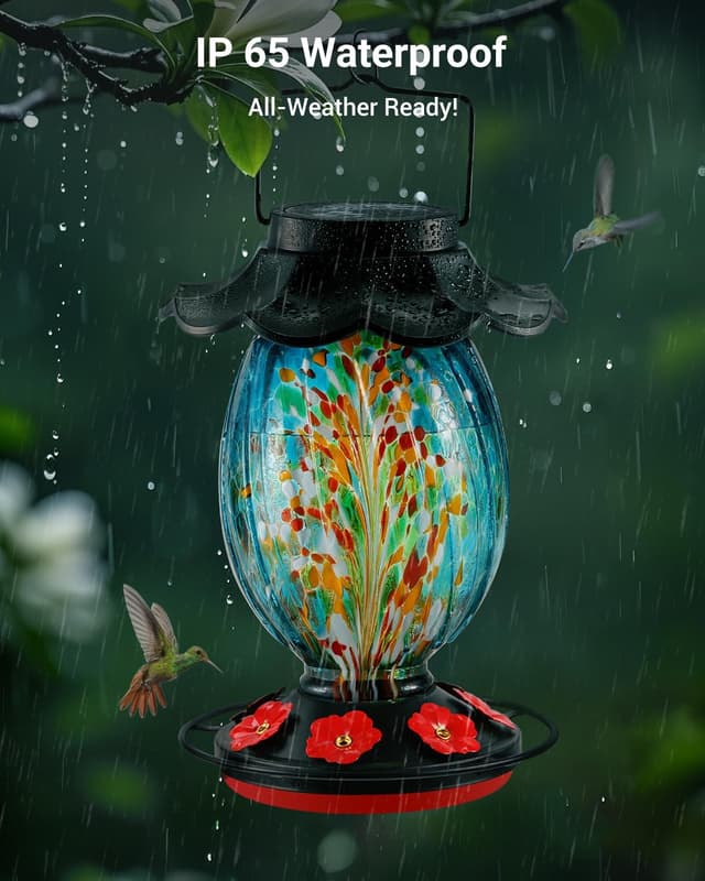 Detalle de HouseSapp Solar Hummingbird Feeder (49 fl. oz) — Color-Changing Hand-Blown Glass, 7 Feeding Ports, Never Leak