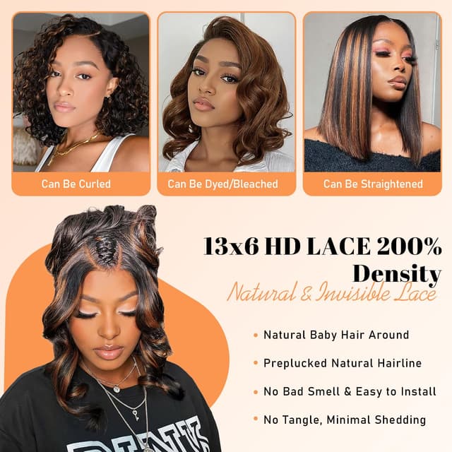Detalle de Afribye 13x6 Highlight Ombre Body Wave Lace Front Wig (Human Hair, 200% Density, FB/30) — Pre-Plucked, Glueless