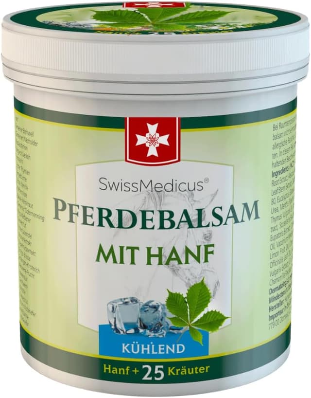 Detalle 2 de SwissMedicus Pferdebalsam mit Hanf – kühlendes Gel mit 25 natürlichen Extrakten, 500 ml