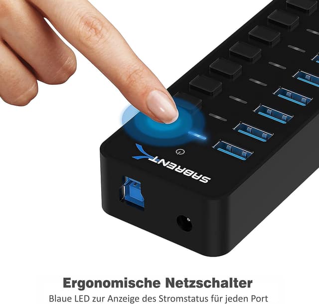 Detalle de Sabrent HB-BU10 aktiver USB 3.0 Hub mit Netzteil, 10 Ports und Ein-/Ausschaltern