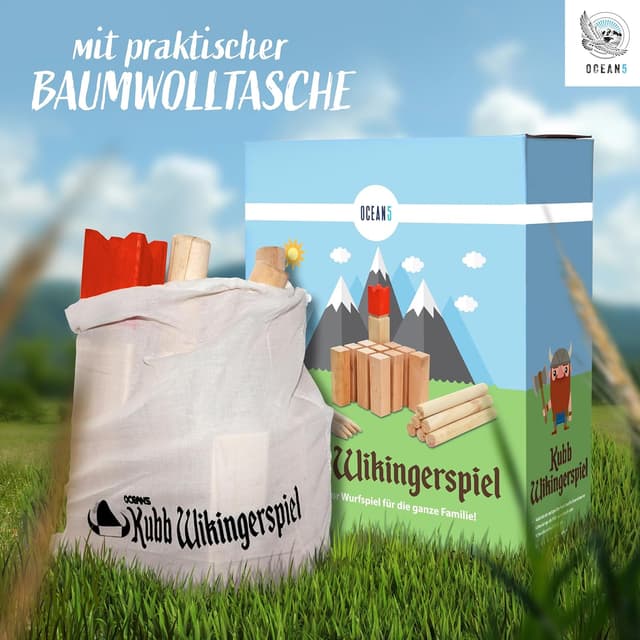 Detalle de Ocean 5 Kubb Wikinger-Wurfspiel (Original) – FSC® Holzspiel im Stoffbeutel für Schwedenschach & Outdoor