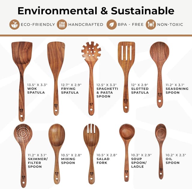Detalle de Teak Wood 10 Pc Cooking Spoon Set 🥄