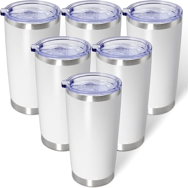 Detalle de AIANJI 20oz Stainless Steel Vacuum Insulated Tumblers (White, 6-Pack) with No BPA Sliding Lid