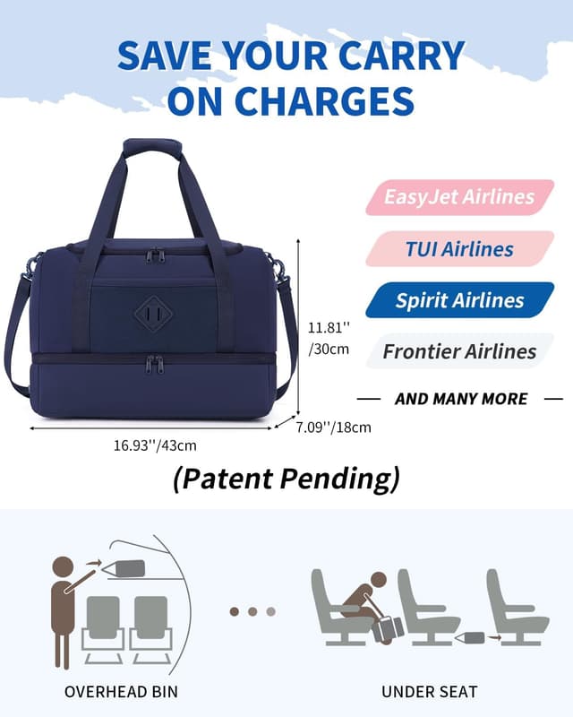 Detalle de WANDF Reisetasche Damen Handgepäck-Tasche fürs EasyJet Handgepäck (45×36×20) mit Schuhfach & Nassfach, Weekender Duffel in Blau