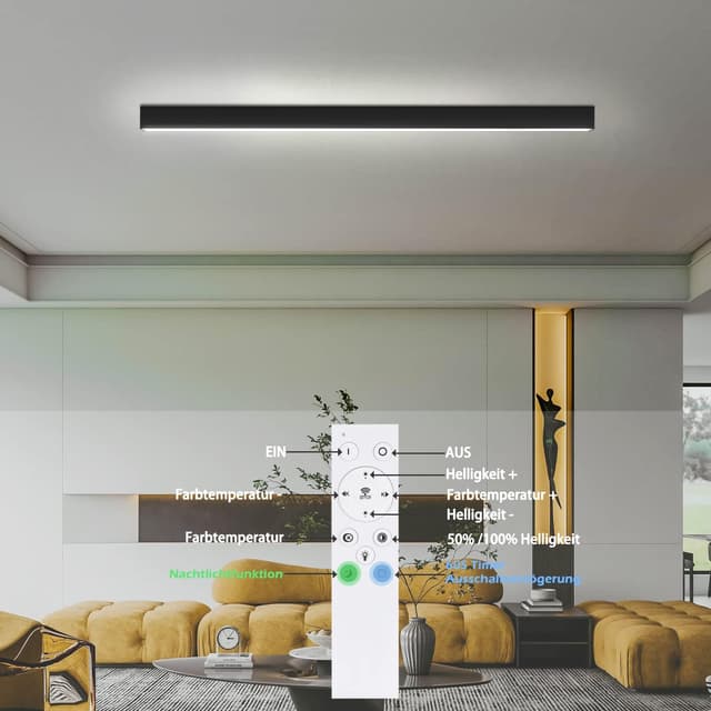 Detalle 2 de Glitzerlife LED-Deckenlampe für Wohnzimmer, 107 cm, 32 W, dimmbar mit Fernbedienung (schwarz)