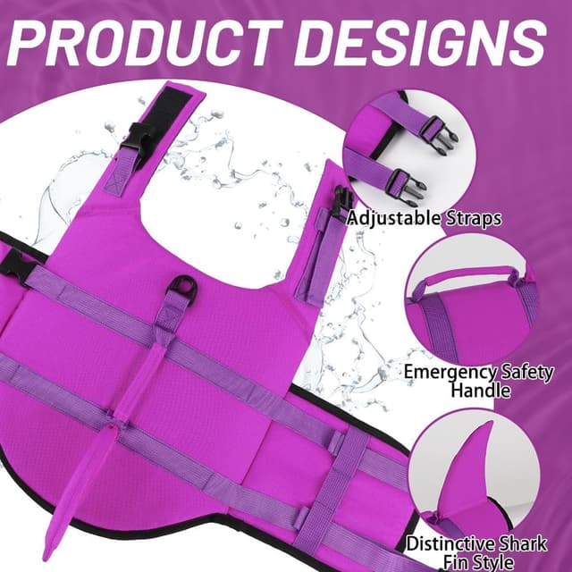 Detalle de EMUST Dog Life Jacket Shark – flotation vest with rescue handle for small to large dogs (solid rose pink)