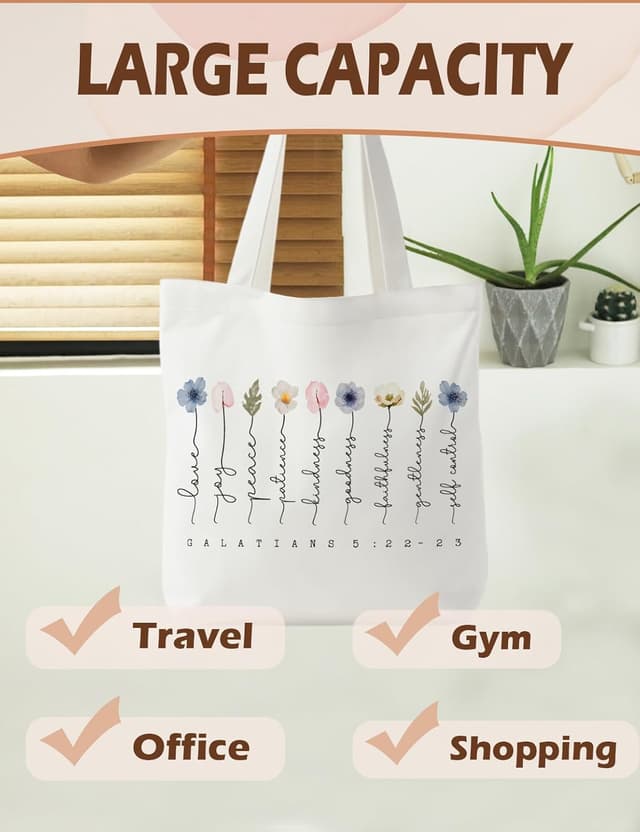 Detalle de Supwhd Women’s Christian Bible Tote Bag — Reusable Canvas Bible Bag with Pocket & Long Handles