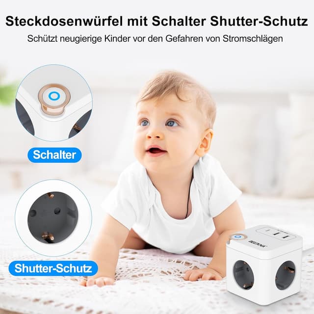 Detalle de Beizkna Steckdosenwürfel mit USB-C: 3-fach Mehrfachsteckdose mit Überspannungsschutz, Schalter und 1,5 m Kabel