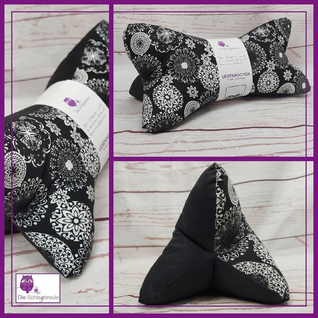 Detalle 2 de Leseknochen Mandala Nackenkissen (schwarz) – bequem, handgestopft & waschbar