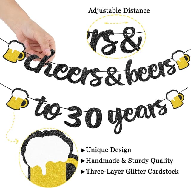 Detalle de 30th Birthday Decorations set with black & gold “cheers to 30 years” banner and 30 foil number balloons