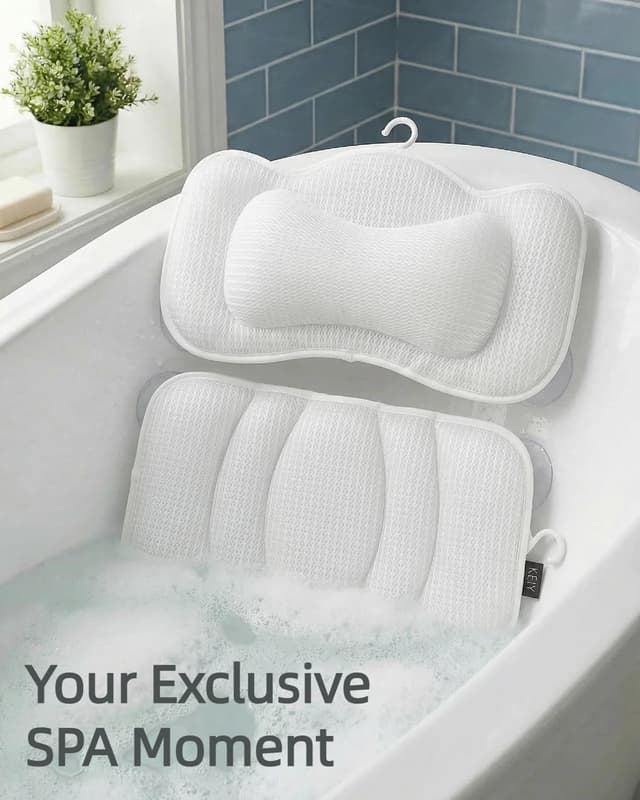 Detalle de KEIY Bath Pillows set (2-piece) with 4D air mesh and 8 suction cups – white