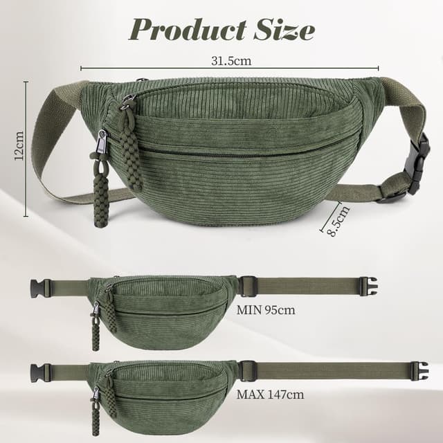 Detalle de Aucuu Cord-Bauchtasche/Umhängetasche Damen – klein, verstellbar, mit mehreren Reißverschlusstaschen